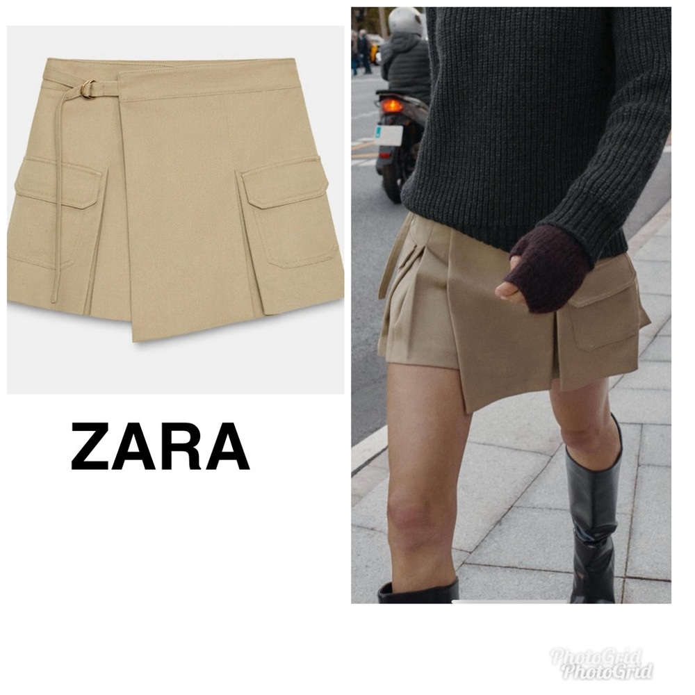 ZARA Beige Women's High Waisted Cargo Skort with Pockets - Size L - NEW